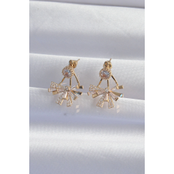 Mey İthalat® Pirinç Gold Renk Zirkon Taşlı Yassı Fiyonk Model Küpe