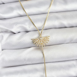 Mey İthalat® Pirinç Gold Renk Zirkon Taşlı Yelpaze Model Detaylı 3'lü Kombin Y Kadın Kolye