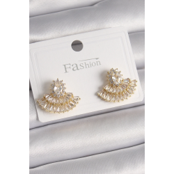 Mey İthalat® Pirinç Gold Renk Zirkon Taşlı Yelpaze Model Kadın Küpe