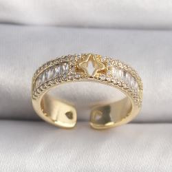 Mey İthalat® Pirinç Gold Renk Zirkon Taşlı Yıldız İşleme VIP Seri Kadın Yüzük