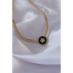 Mey İthalat® Pirinç Gold Renk Zirkon Taşlı Yıldız Model Siyah Mineli Ezme Zincirli Serenay Kolyesi