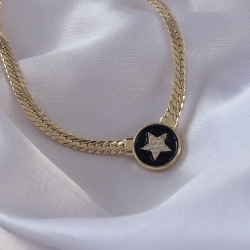 Mey İthalat® Pirinç Gold Renk Zirkon Taşlı Yıldız Model Siyah Mineli Ezme Zincirli Serenay Kolyesi