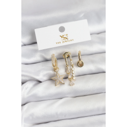 Mey İthalat® Pirinç Gold Renk Zirkon Taşlı Yıldız Vintage Model YSX Trio Küpe Seti