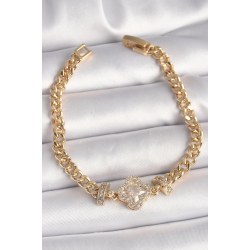 Mey İthalat® Pirinç Gold Renk Zirkon Taşlı Yonca Figür Zincir Model Kadın Bileklik
