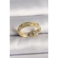 Mey İthalat® Pirinç Gold Renk Zirkon Taşlı Yonca İşlemeli Ayarlanabilir Yüzük