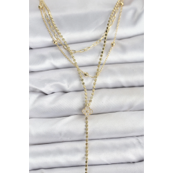 Mey İthalat® Pirinç Gold Renk Zirkon Taşlı Yonca Model Detaylı 3'lü Kombin Y Kadın Kolye