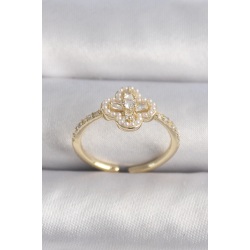 Mey İthalat® Pirinç Gold Renk Zirkon Taşlı Yonca Model İnci Detay Kadın Yüzük