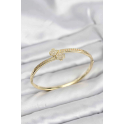 Mey İthalat® Pirinç Gold Renk Zirkon Taşlı Yonca Model Kadın Kelepçe Bileklik