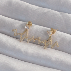 Mey İthalat® Pirinç Gold Renk Zirkon Taşlı Zikzak Küpe