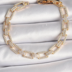 Mey İthalat® Pirinç Gold Renk Zirkon Taşlı Zincir Model VIP Seri Kadın Bileklik