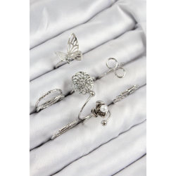 Mey İthalat® Pirinç Gül Kelebek Model Gümüş Renk Kadın Yüzük Kombin Set