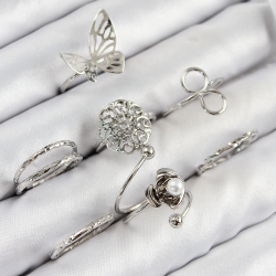 Mey İthalat® Pirinç Gül Kelebek Model Gümüş Renk Kadın Yüzük Kombin Set