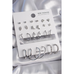 Mey İthalat® Pirinç Gümüş Renk 12 Çift Kadın Küpe Seti