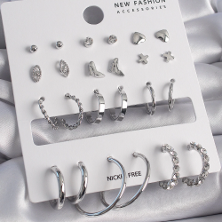 Mey İthalat® Pirinç Gümüş Renk 12 Çift Kadın Küpe Seti