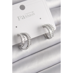 Mey İthalat® Pirinç Gümüş Renk 2'Li Zirkon Taşlı Halka Model Kadın Küpe