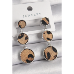 Mey İthalat® Pirinç Gümüş Renk 3'Lü Daire Plaka Leopar Desenli Kadın Küpe