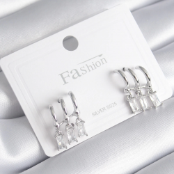 Mey İthalat® Pirinç Gümüş Renk 3'lü Sallantı Zirkon Taşlı Küpe