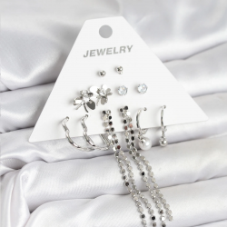 Mey İthalat® Pirinç Gümüş Renk 6 Çift Kadın Küpe