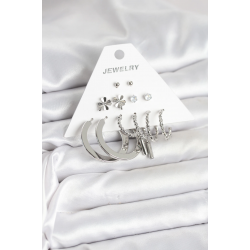 Mey İthalat® Pirinç Gümüş Renk 6 Çift Kadın Küpe Seti