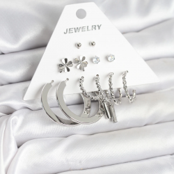 Mey İthalat® Pirinç Gümüş Renk 6 Çift Kadın Küpe Seti