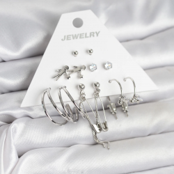 Mey İthalat® Pirinç Gümüş Renk 6'lı Kadın Küpe Seti