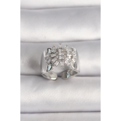 Mey İthalat® Pirinç Gümüş Renk Ayarlanabilir Baget Zirkon Taş Model Kadın Yüzük