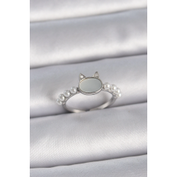 Mey İthalat® Pirinç Gümüş Renk Ayarlanabilir Beyaz Mineli Kedi Model İnci Detay Kadın Yüzük