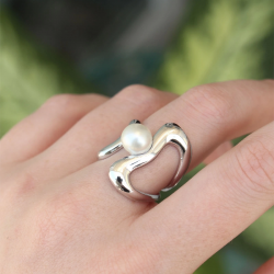 Mey İthalat® Pirinç Gümüş Renk Ayarlanabilir İnci Taşlı Yüzük