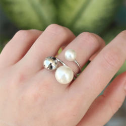 Mey İthalat® Pirinç Gümüş Renk Ayarlanabilir İnci Taşlı Yüzük