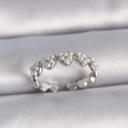 Mey İthalat® Pirinç Gümüş Renk Ayarlanabilir İncili Kalp Model Kadın Yüzük