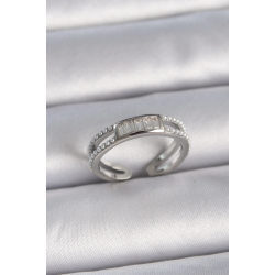 Mey İthalat® Pirinç Gümüş Renk Ayarlanabilir Sıralı İncili Zirkon Taşlı Kadın Yüzük