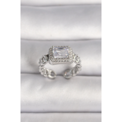 Mey İthalat® Pirinç Gümüş Renk Ayarlanabilir Zincir Kare Zirkon Taşlı Kadın Yüzük