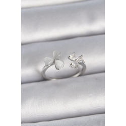 Mey İthalat® Pirinç Gümüş Renk Ayarlanabilir Zirkon Taşlı Beyaz Mineli Kalp Model Kadın Yüzük