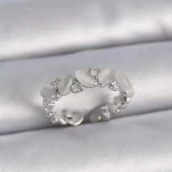 Mey İthalat® Pirinç Gümüş Renk Ayarlanabilir Zirkon Taşlı Beyaz Mineli Model Kadın Yüzük