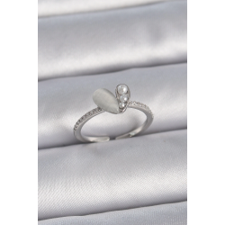 Mey İthalat® Pirinç Gümüş Renk Ayarlanabilir Zirkon Taşlı İncili Beyaz Mineli Kalp Model Kadın Yüzük