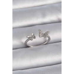 Mey İthalat® Pirinç Gümüş Renk Ayarlanabilir Zirkon Taşlı Kelebek Model Kadın Yüzük