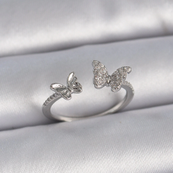 Mey İthalat® Pirinç Gümüş Renk Ayarlanabilir Zirkon Taşlı Kelebek Model Kadın Yüzük