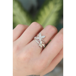 Mey İthalat® Pirinç Gümüş Renk Ayarlanabilir Zirkon Taşlı Kelebek Yüzük