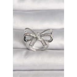 Mey İthalat® Pirinç Gümüş Renk Ayarlanabilir Zirkon Taşlı Kurdele Model Kadın Yüzük