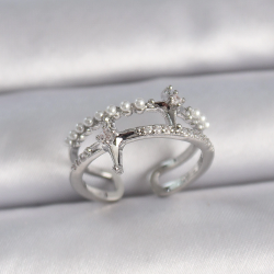 Mey İthalat® Pirinç Gümüş Renk Ayarlanabilir Zirkon Taşlı Kutup Yıldız İnci Detay Kadın Yüzük