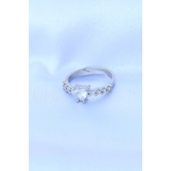 Mey İthalat® Pirinç Gümüş Renk Ayarlanabilir Zirkon Taşlı Minimal Kalp Yüzük