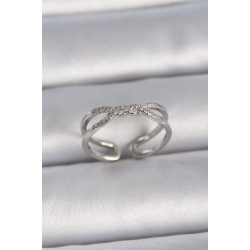 Mey İthalat® Pirinç Gümüş Renk Ayarlanabilir Zirkon Taşlı Sarmal Model Kadın Yüzük