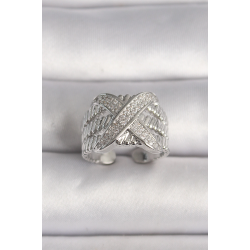 Mey İthalat® Pirinç Gümüş Renk Ayarlanabilir Zirkon Taşlı X Model Kadın Yüzük