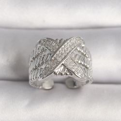 Mey İthalat® Pirinç Gümüş Renk Ayarlanabilir Zirkon Taşlı X Model Kadın Yüzük