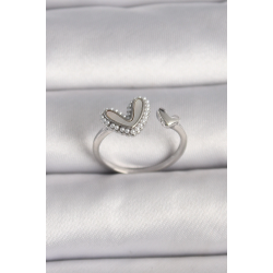 Mey İthalat® Pirinç Gümüş Renk Beyaz Mineli İnci Detaylı Kalp Model Ayarlanabilir Yüzük