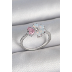 Mey İthalat® Pirinç Gümüş Renk Beyaz Mineli Pembe Zirkon Taşlı Çiçek Model Kadın Yüzük