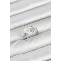 Mey İthalat® Pirinç Gümüş Renk Çiçek Model Zirkon Taşlı Kadın Yüzük