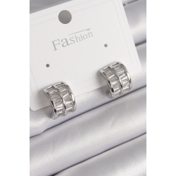 Mey İthalat® Pirinç Gümüş Renk Çift Sıra Zirkon Taşlı Kadın Küpe