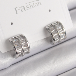 Mey İthalat® Pirinç Gümüş Renk Çift Sıra Zirkon Taşlı Kadın Küpe