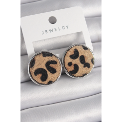 Mey İthalat® Pirinç Gümüş Renk Daire Plaka Model Leopar Desenli Kadın Küpe